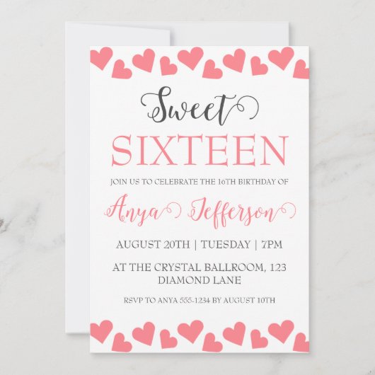 moderne roze zoete 16 verjaardagsuitnodigingen kaart (Voorkant)
