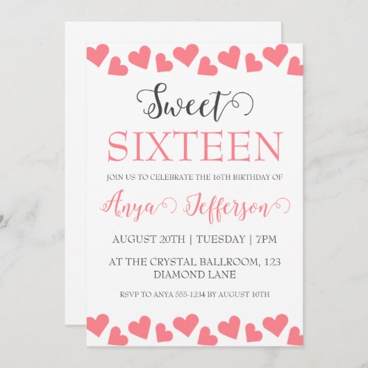 moderne roze zoete 16 verjaardagsuitnodigingen kaart (Voorkant / Achterkant)