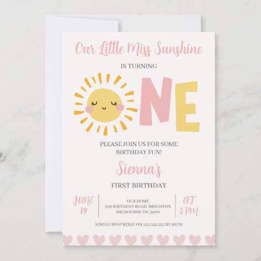 Moderne Roze Zon Kleine Miss Zonneschijn 1e Verjaa Kaart (Voorkant)