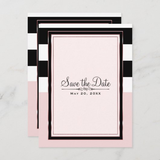 Moderne Roze Zwart & Witte Strepen Bewaar de Datum Aankondigingskaart (Voorkant / Achterkant)