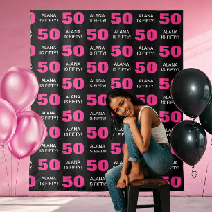 Moderne Roze Zwarte 50e Verjaardagsfeest Stap Herh Wandkleed