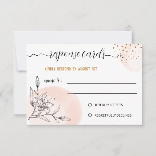 Moderne Roze & Zwarte Bloem Gouden Stippen Reactie RSVP Kaartje (Voorkant)