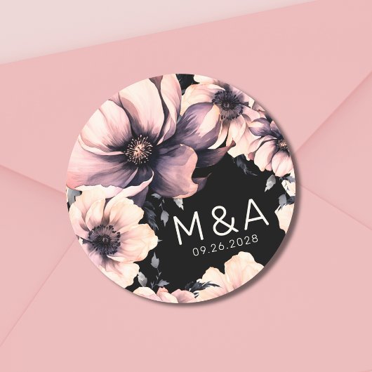 Moderne Roze Zwarte Bloemige Bruiloft Ronde Sticker