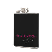 Moderne Roze Zwarte Eenvoudige Script Monogram Naa Heupfles (Links)
