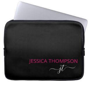 Moderne Roze Zwarte Eenvoudige Script Monogram Naa Laptop Sleeve