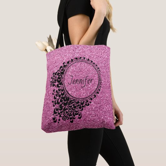 Moderne roze zwarte flora - aangepast tote bag (Dichtbij)