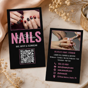 Moderne Roze Zwarte Foto Qr Code Nagelstudio Visitekaartje