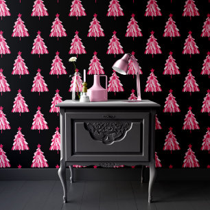 Moderne Roze Zwarte Kerstboom Patroon Behang