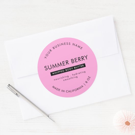 Moderne Roze & Zwarte Lichaam Boter Cosmetische Po Ronde Sticker (Envelop)