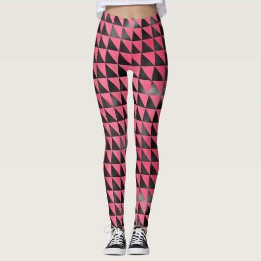 Moderne roze zwarte metallische glimmende geometri leggings (Voorkant)