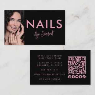 Moderne roze zwarte nagelsalon QR-code foto Visitekaartje