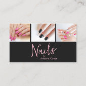 Moderne Roze Zwarte Script 3 Foto Nagel QR Code Visitekaartje (Voorkant)
