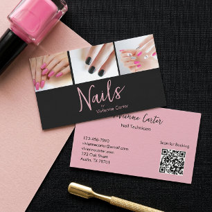 Moderne Roze Zwarte Script 3 Foto Nagel QR Code Visitekaartje