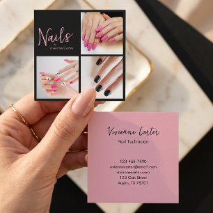 Moderne Roze Zwarte Script 3 Foto Nagelsalon Vierkante Visitekaartje