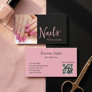 Moderne Roze Zwarte Script Foto Nagel Kunstenaar Q Visitekaartje