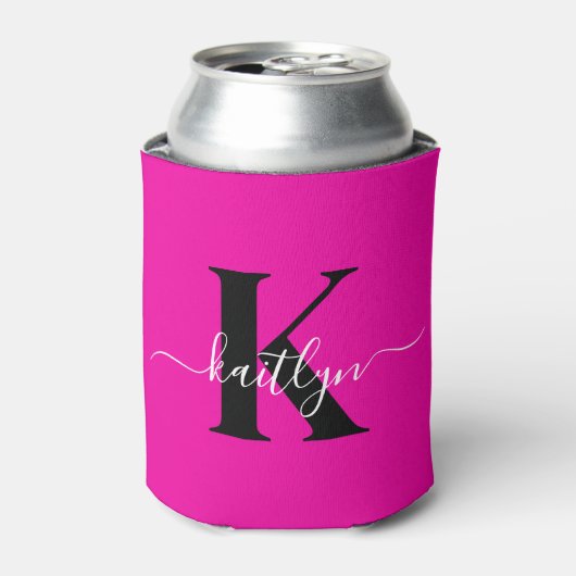 Moderne Roze Zwarte Script Monogram Blikjeskoeler (Blikje Voorkant)