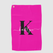Moderne Roze Zwarte Script Monogram Golfhanddoek (Voorkant)