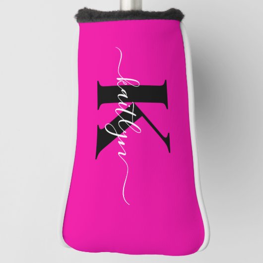 Moderne Roze Zwarte Script Monogram Golfheadcover (Draai 90)