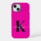 Moderne Roze Zwarte Script Monogram iPhone 15 Case (Achterkant)
