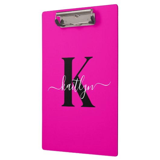 Moderne Roze Zwarte Script Monogram Klembord (Links)