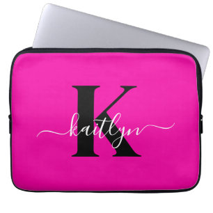 Moderne Roze Zwarte Script Monogram Laptop Sleeve