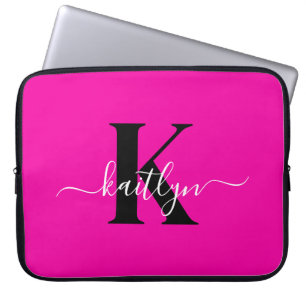 Moderne Roze Zwarte Script Monogram Laptop Sleeve