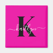 Moderne Roze Zwarte Script Monogram Magneet (Voorkant)