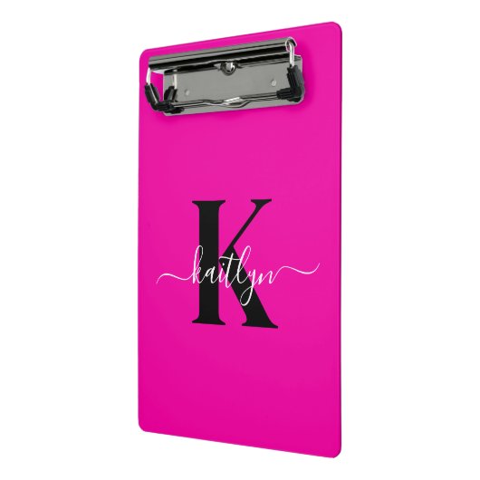 Moderne Roze Zwarte Script Monogram Mini Klembord (Angled2)