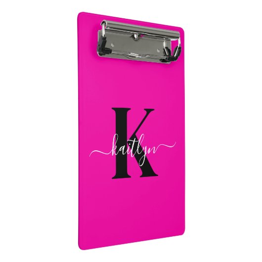 Moderne Roze Zwarte Script Monogram Mini Klembord (Schuin)