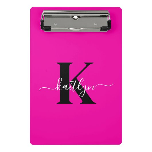 Moderne Roze Zwarte Script Monogram Mini Klembord (Voorkant)