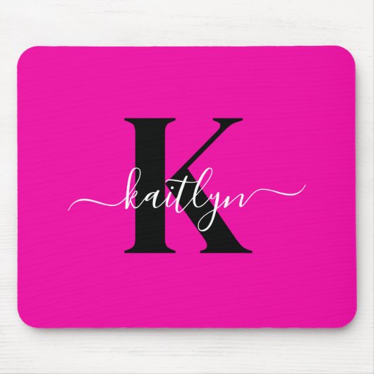 Moderne Roze Zwarte Script Monogram Muismat (Voorkant)