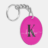 Moderne Roze Zwarte Script Monogram Sleutelhanger (Voorkant Links)