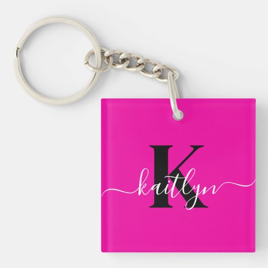 Moderne Roze Zwarte Script Monogram Sleutelhanger (Voorkant)