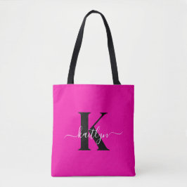 Moderne Roze Zwarte Script Monogram Tote Bag