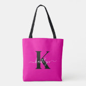 Moderne Roze Zwarte Script Monogram Tote Bag (Achterkant)