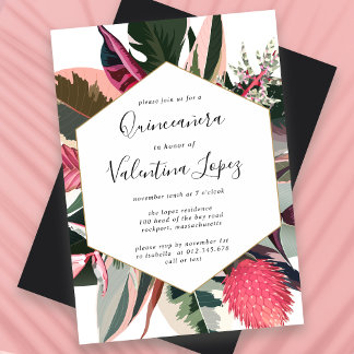 Moderne roze zwarte tropische quinceanera kaart
