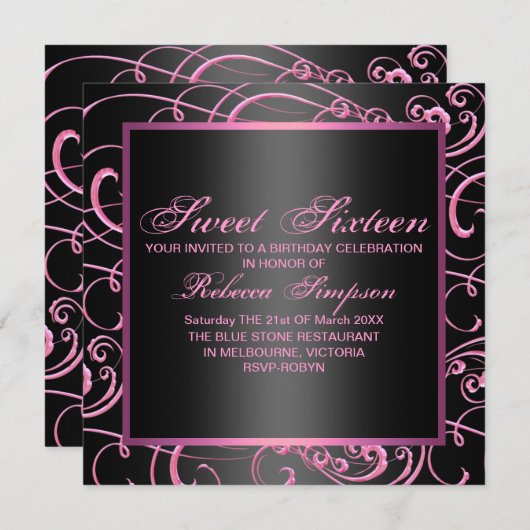 Moderne Roze/Zwarte Werveltje Zoete 16e Verjaardag Kaart (Voorkant / Achterkant)