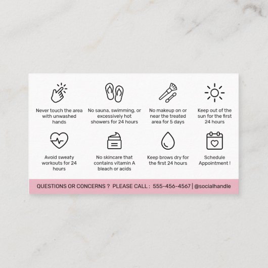 Moderne roze zwenkbrauwen Aftercare PMU Brow Instr Visitekaartje (Achterkant)