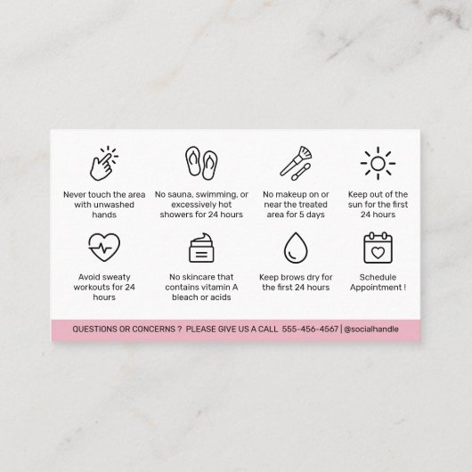 Moderne roze zwenkbrauwen Aftercare PMU Brow Instr Visitekaartje (Achterkant)