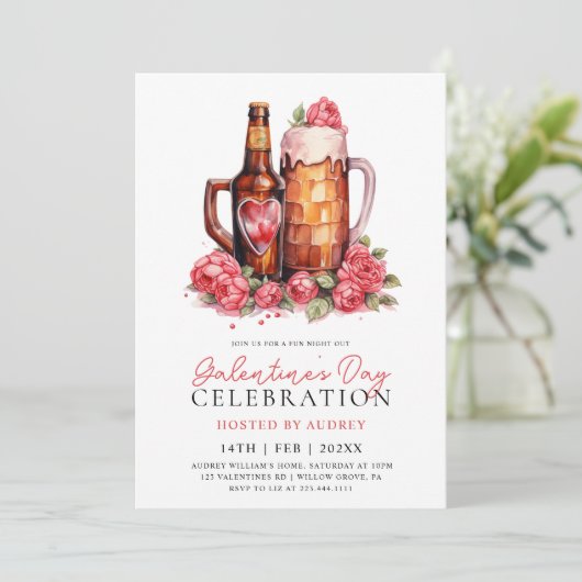 Moderne Rozen Bier Galentine's Day Party Kaart (Staand voorkant)