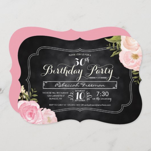 Moderne Rozen Chalkboard Birthday Party Kaart (Voorkant / Achterkant)
