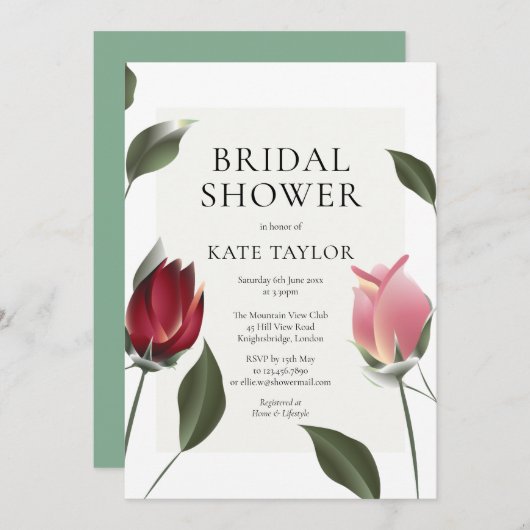 Moderne Rozen Floral Bridal Shower Invitation Kaart (Voorkant / Achterkant)
