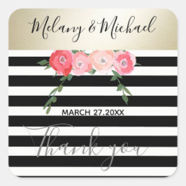 Moderne rozen met gouden strepen Zwart-wit Vierkante Sticker