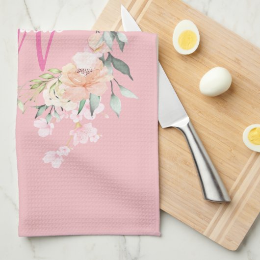 Moderne Rozen Roze Initiële Script Monogram Theedoek (Quarter Fold)