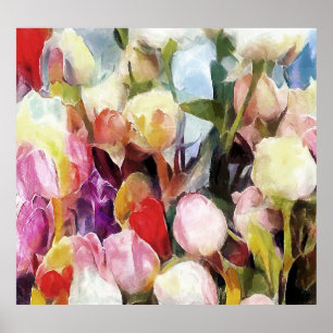 Moderne Rozen Tulpen Boeket: Abstract olieverfschi Poster