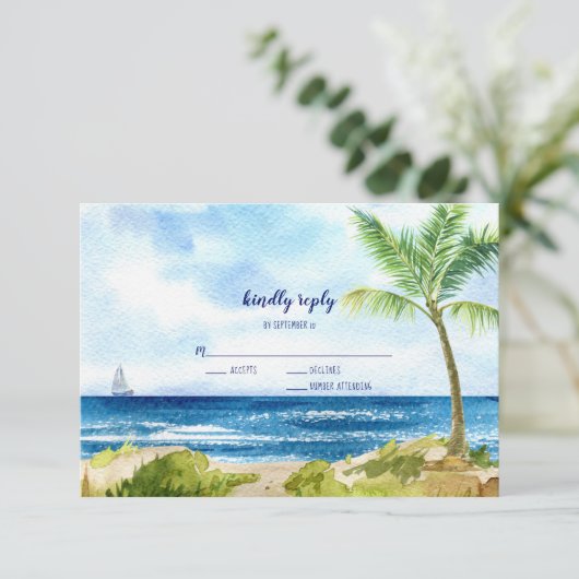 Moderne RSVP-kaart voor strand bruiloft met Waterv RSVP Kaartje (Staand voorkant)