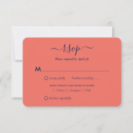 Moderne RSVP-Kaarten in Navy Blue en Coral Wedding RSVP Kaartje