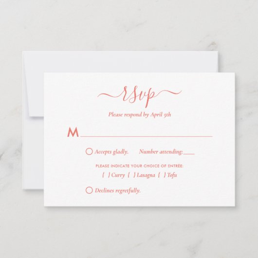 Moderne RSVP-kaarten met koraalscriptweduwschap RSVP Kaartje (Voorkant)