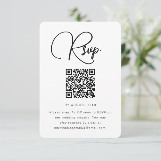 Moderne RSVP met zwart en wit huwelijk met QR-code (Staand voorkant)