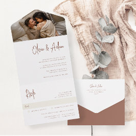 Moderne Rust Handwrited Script Photo Wedding All In One Uitnodiging